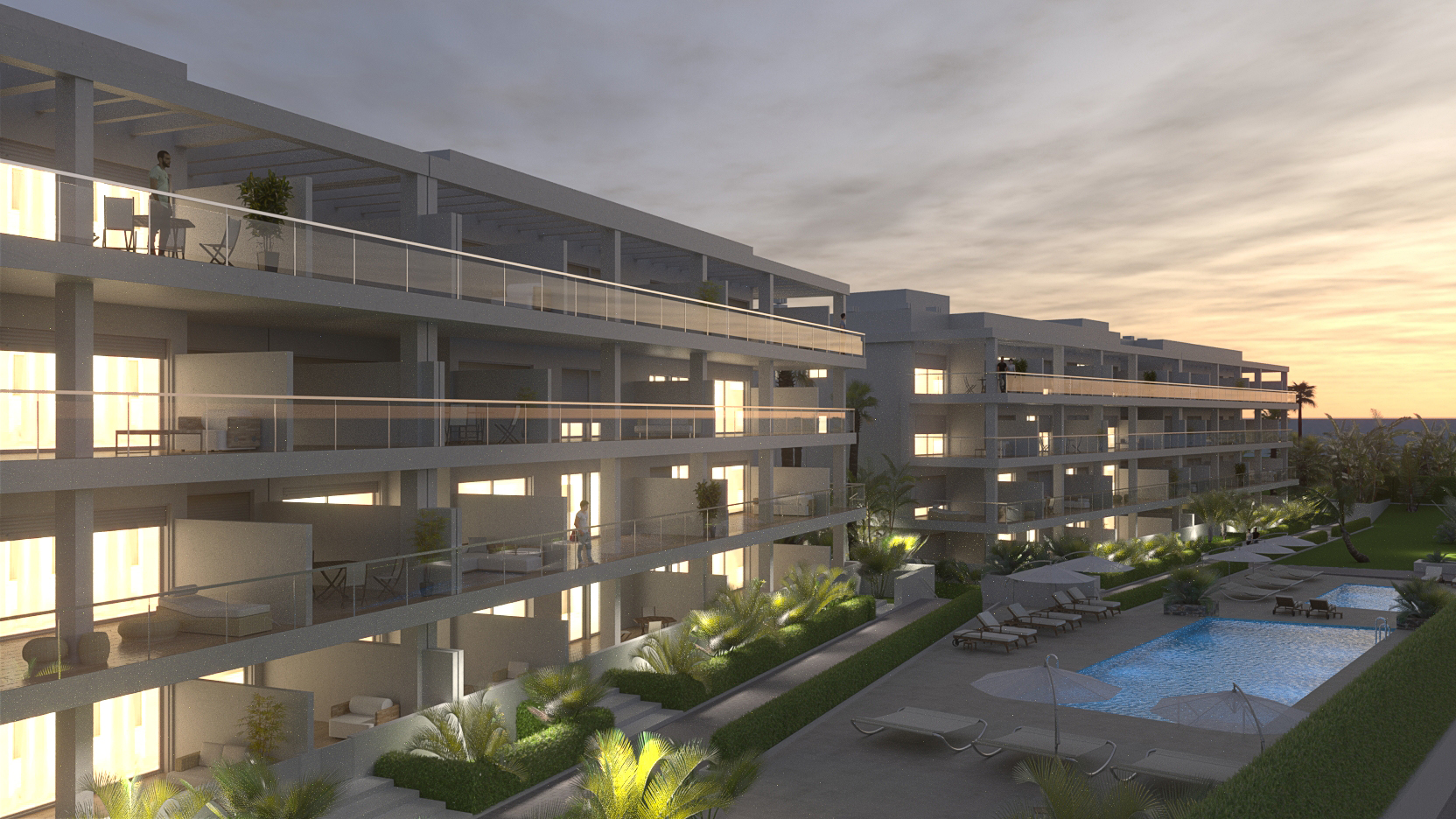 Visualización nocturna de un conjunto residencial