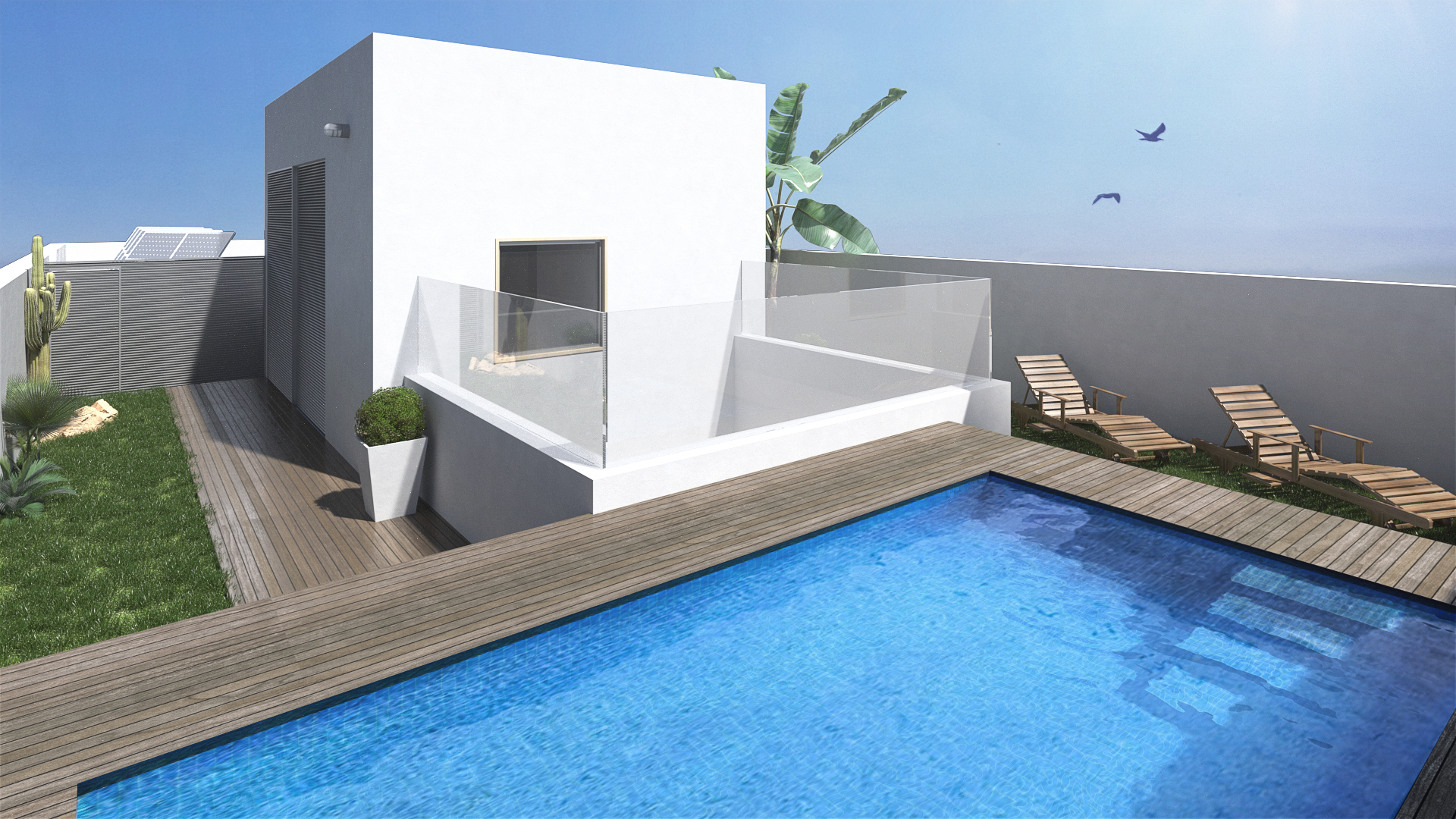 Visualización de solárium con piscina
