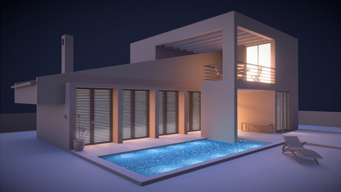 Visualización nocturna de un chalet
