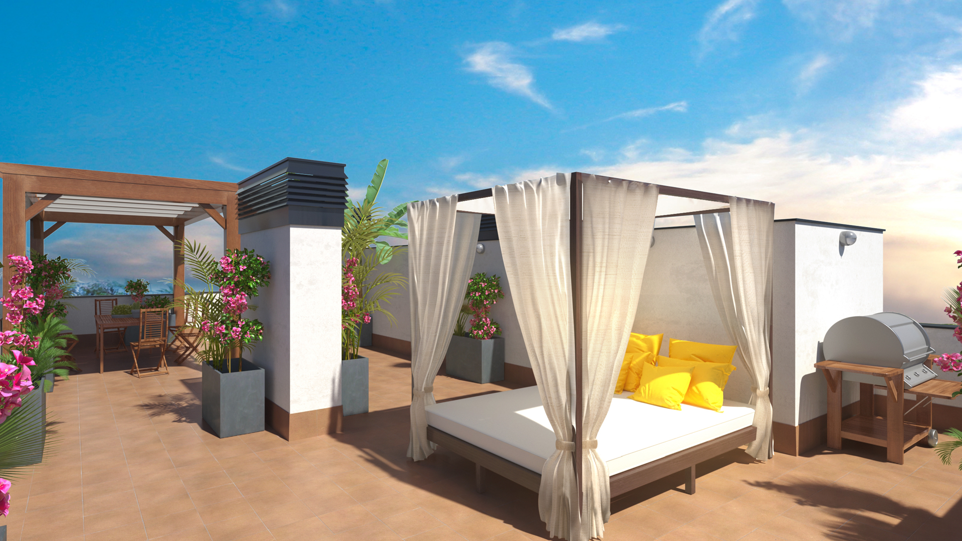 Visualización 3D de una terraza contemporánea
